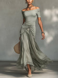MARLYN · Robe longue grise en tissu extensible et mousseline