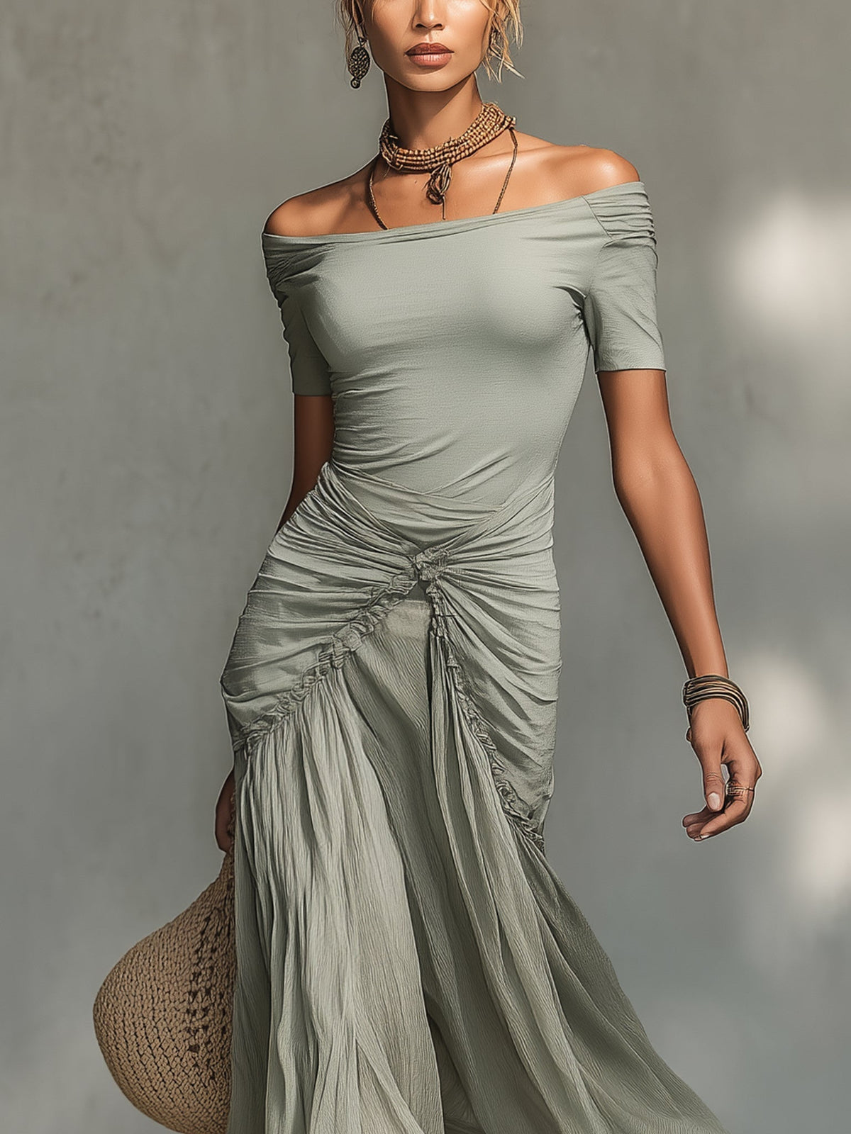 MARLYN · Robe longue grise en tissu extensible et mousseline