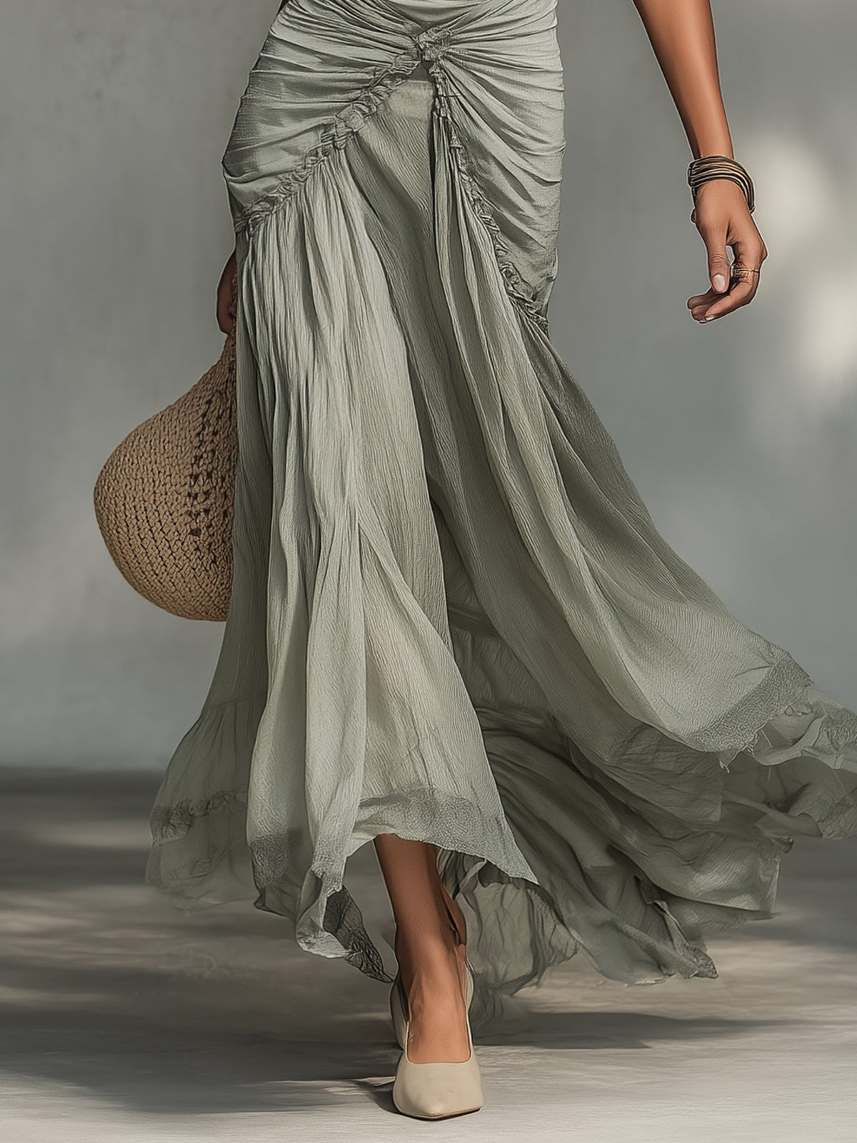 MARLYN · Robe longue grise en tissu extensible et mousseline