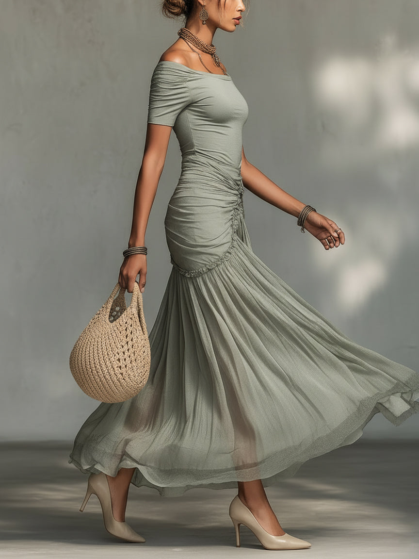 MARLYN · Robe longue grise en tissu extensible et mousseline