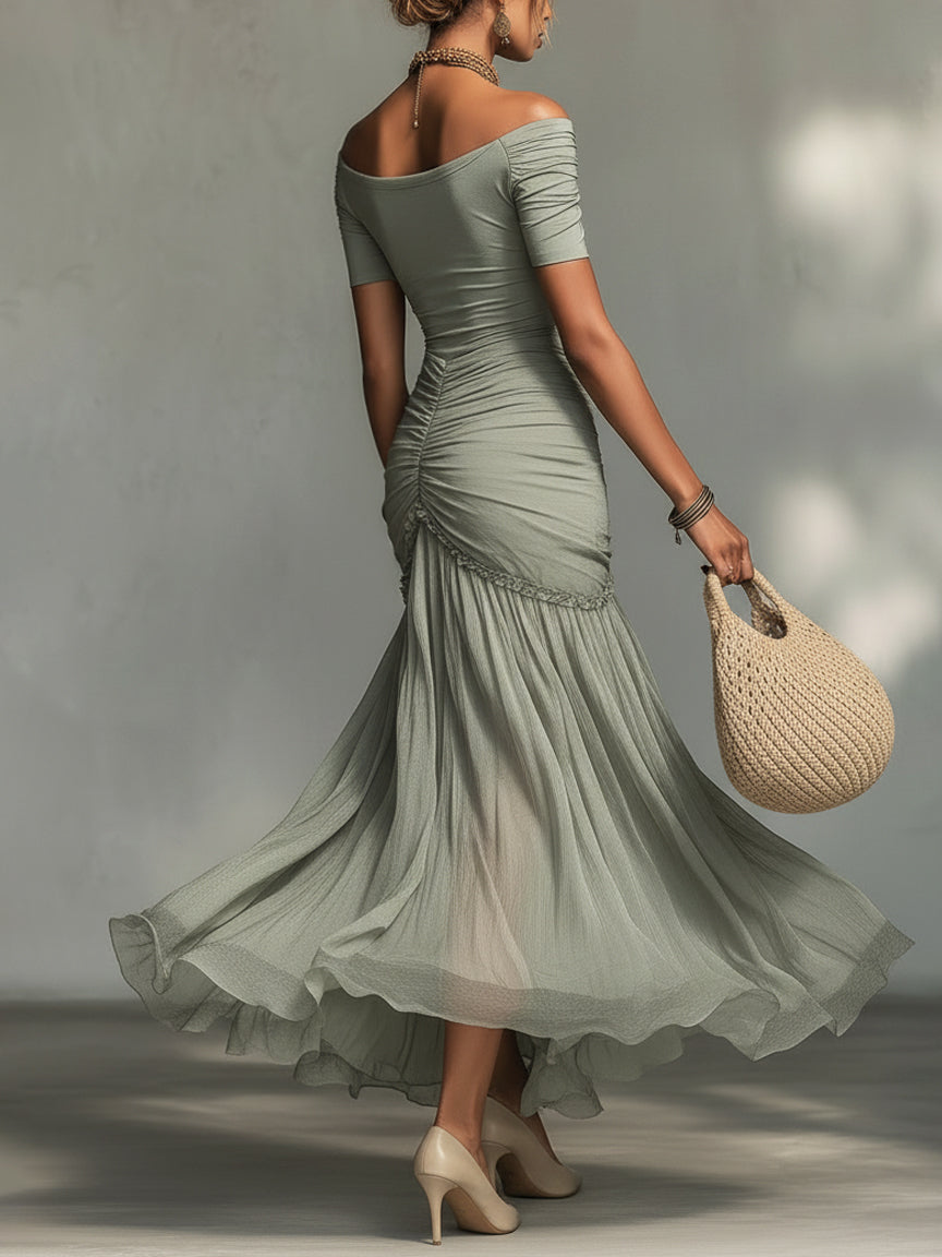MARLYN · Robe longue grise en tissu extensible et mousseline