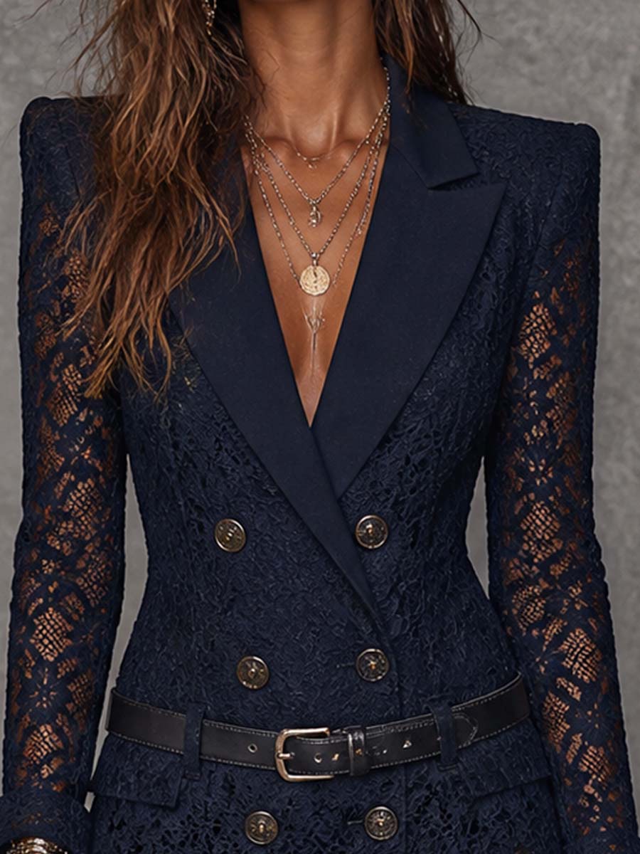 Elena™ | Mini Robe Blazer en Dentelle Bleu Nuit