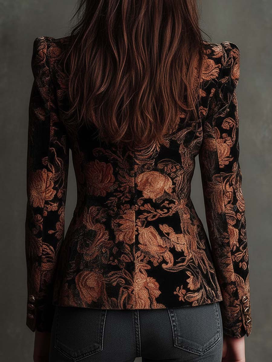 Bertille | Blazer Tailleur Imprimé Fleuri Noir et Bronze