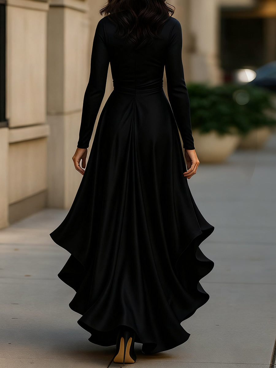 GINEVRA | Robe longue en satin drapé bleu nuit
