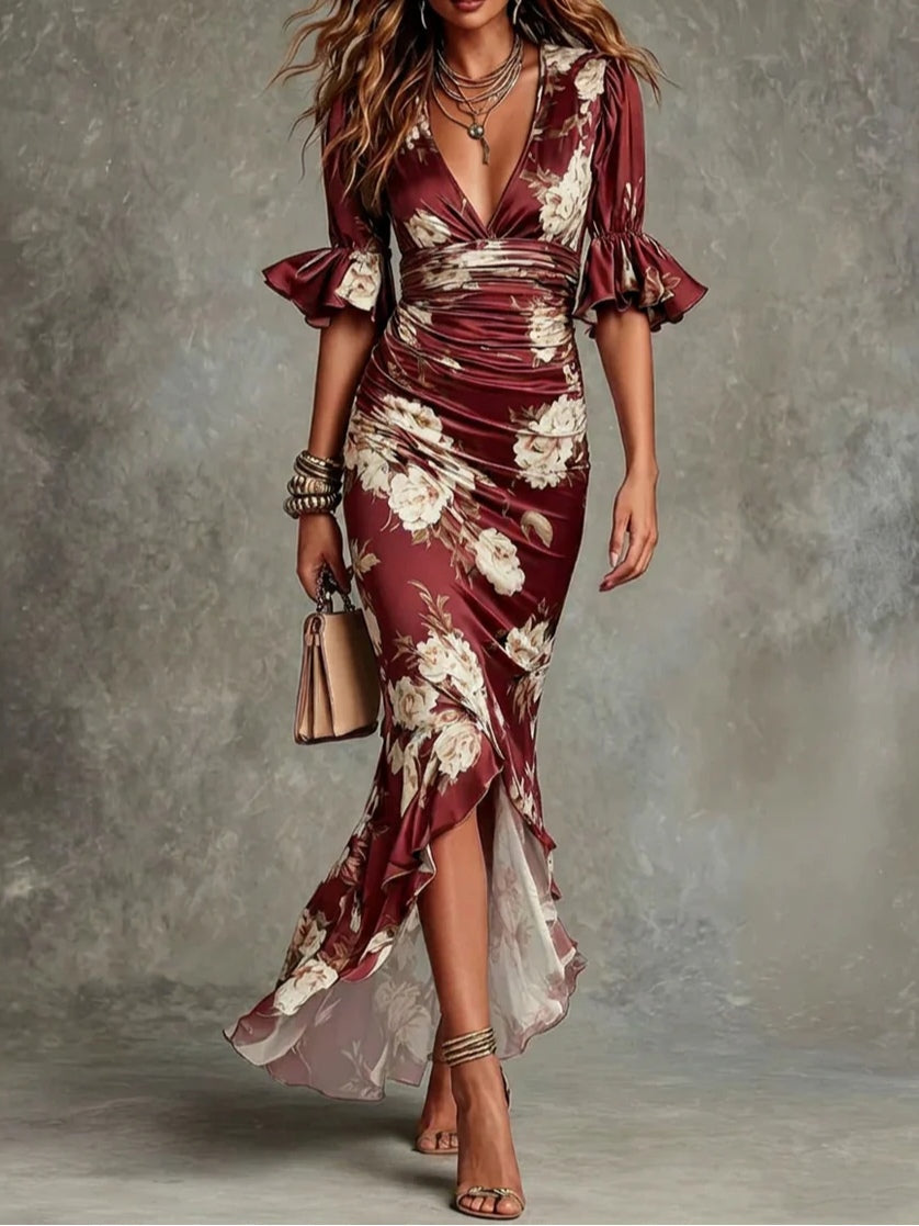 ANA · Vestido largo asimétrico de raso con escote de pico