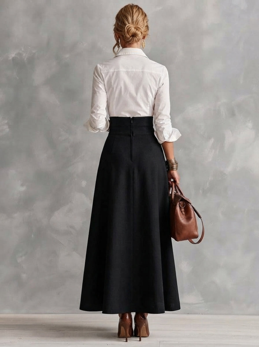 Juliette | Ensemble Deux Pièces Complet avec Chemise Blanche et Jupe Taille Haute à Boutons Dorés