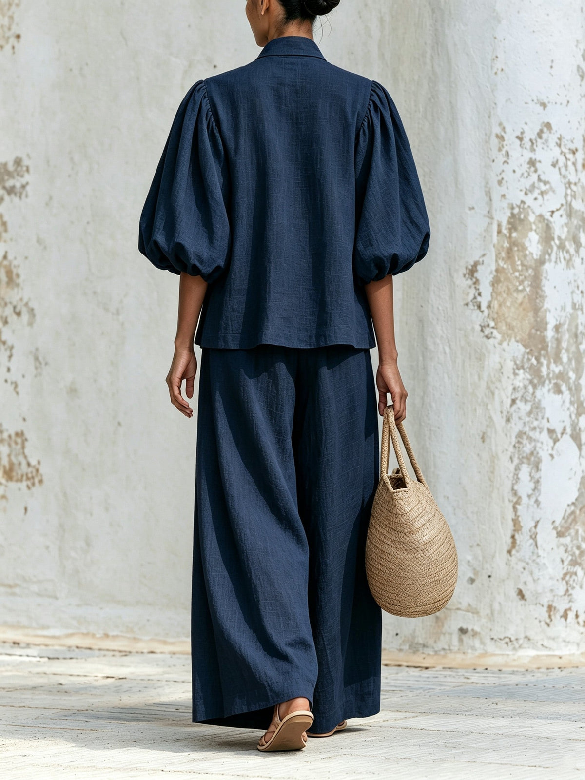 Beatrice™ | Ensemble Bohème Rose Poudré en Mélange de Lin avec Décolleté à Nœud et Pantalon Large