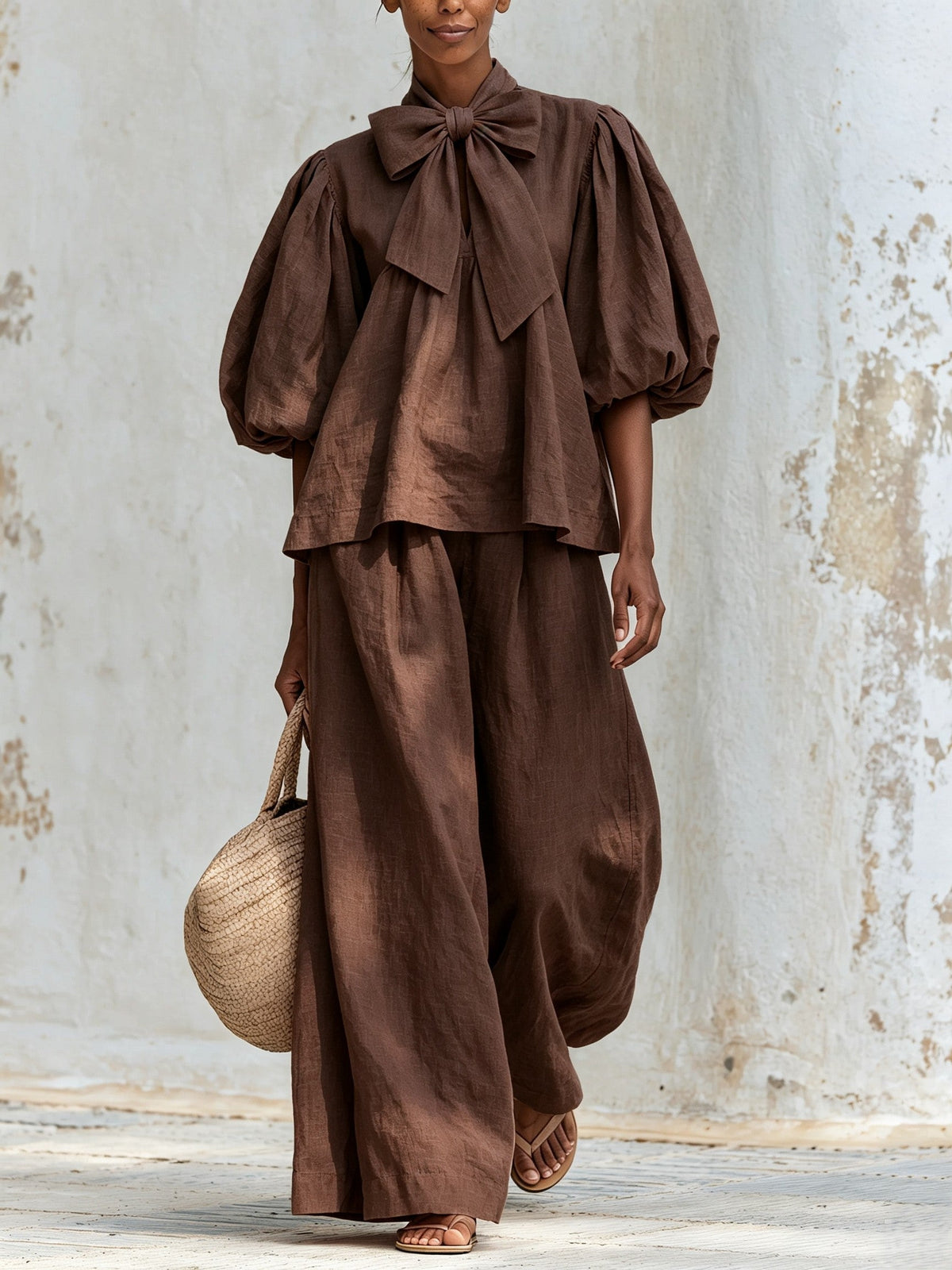 Beatrice™ | Ensemble Bohème Rose Poudré en Mélange de Lin avec Décolleté à Nœud et Pantalon Large