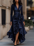 GINEVRA | Robe longue en satin drapé bleu nuit