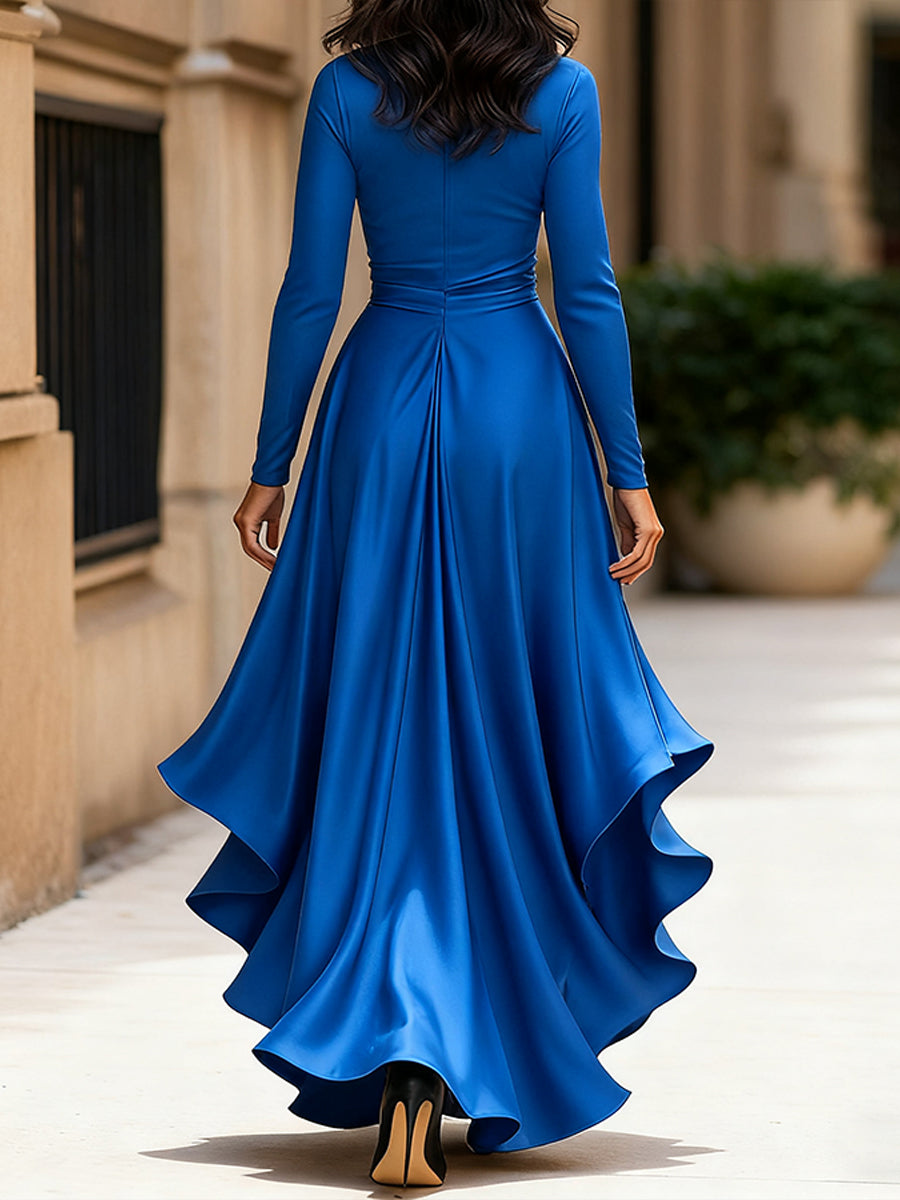 GINEVRA | Robe longue en satin drapé bleu nuit