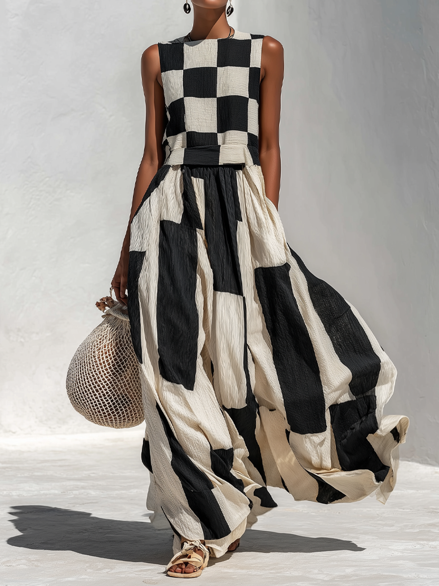 ANDREA | Robe longue sans manches à motif à carreaux et rayures