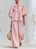 Beatrice™ | Ensemble Bohème Rose Poudré en Mélange de Lin avec Décolleté à Nœud et Pantalon Large