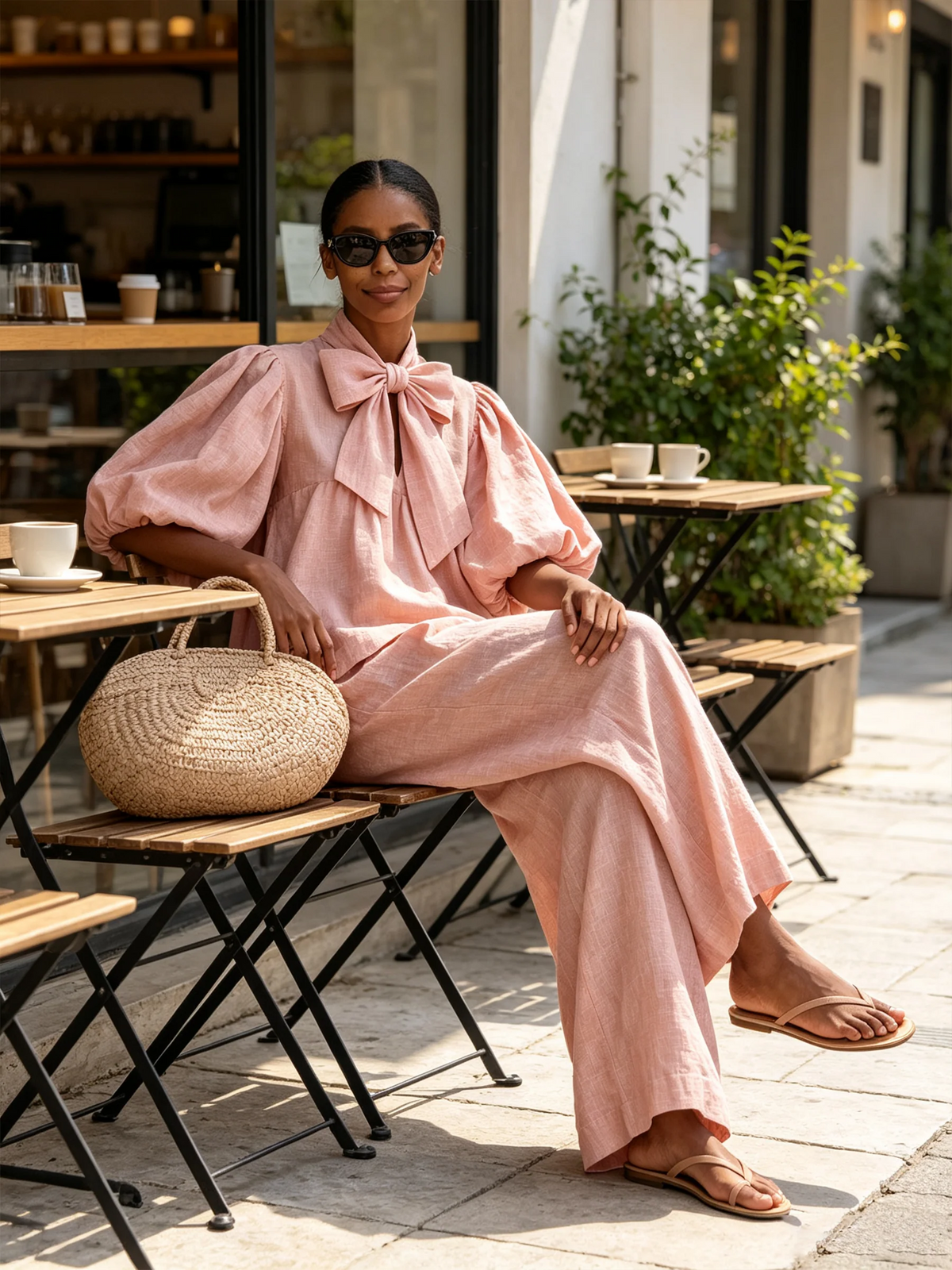 Beatrice™ | Ensemble Bohème Rose Poudré en Mélange de Lin avec Décolleté à Nœud et Pantalon Large