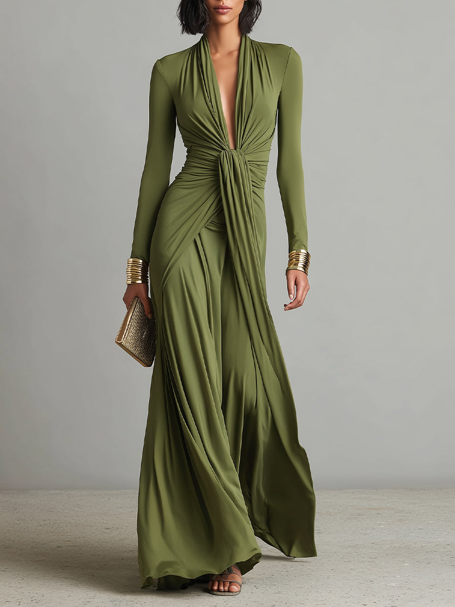 Sofia | Vestido largo de seda verde oliva con escote en V y detalles fruncidos