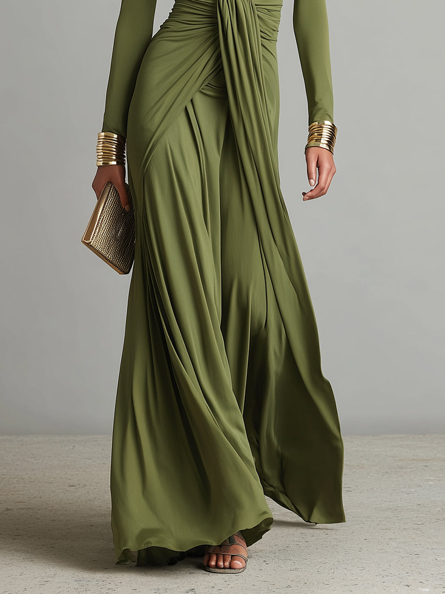 Sofia | Vestido largo de seda verde oliva con escote en V y detalles fruncidos