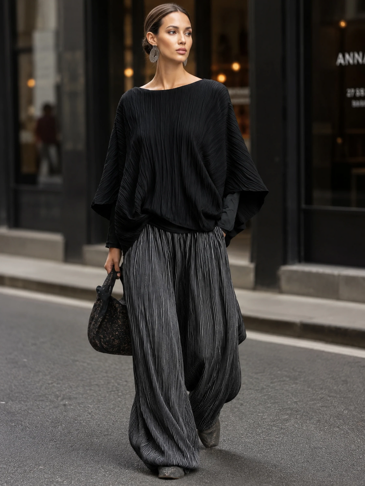 Geneviève™ | Ensemble complet plissé deux pièces avec haut chauve-souris et pantalon à jambes larges