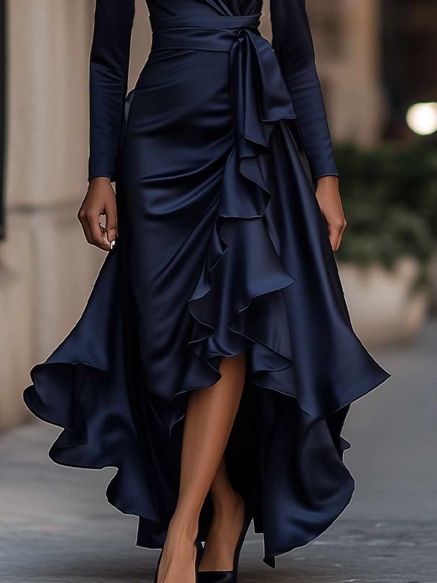 GINEVRA | Robe longue en satin drapé bleu nuit