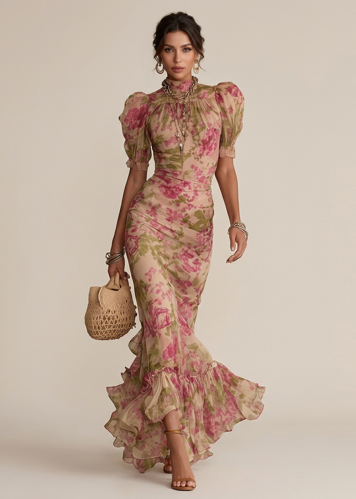 Fiora · Robe longue imprimé roses vintage