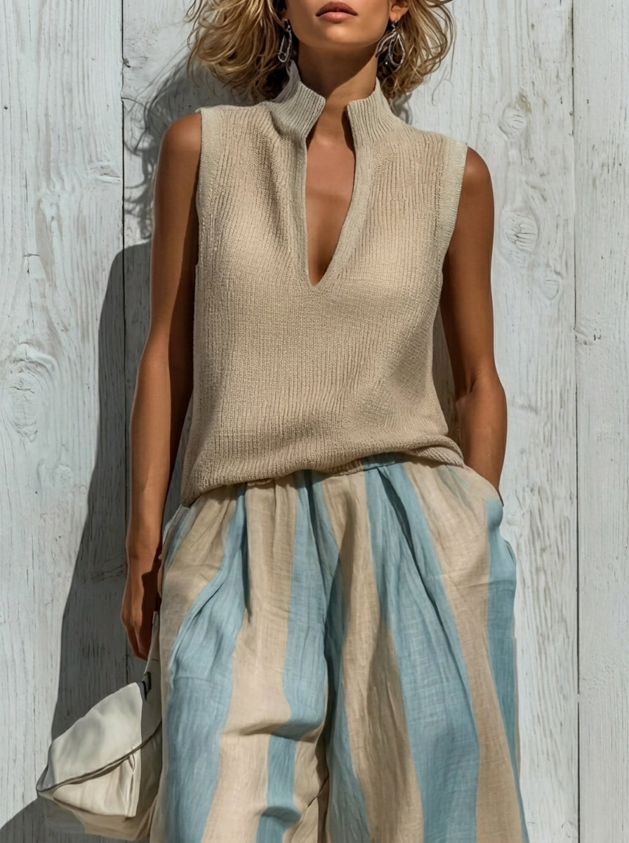 Sofía | Ensemble élégant en tissu fluide : Top et pantalon palazzo rayés