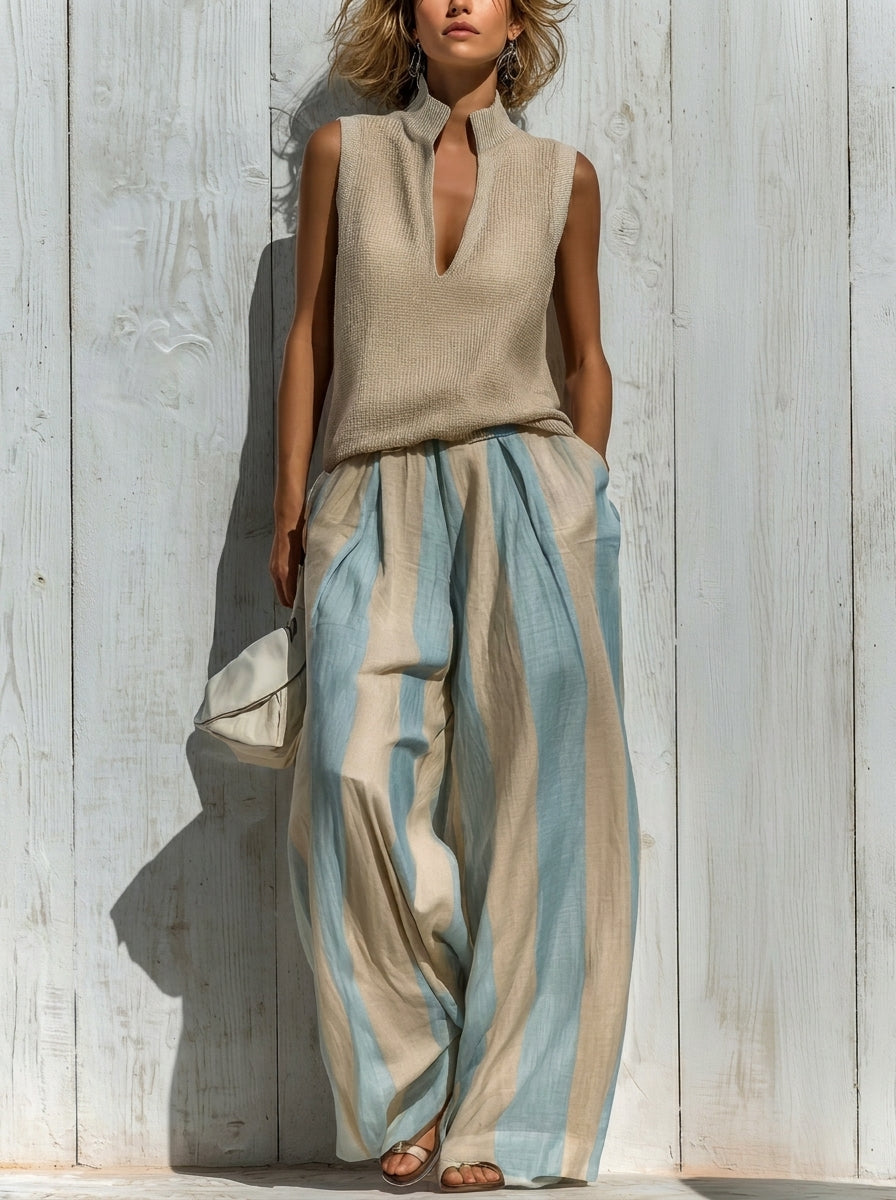 Sofía | Ensemble élégant en tissu fluide : Top et pantalon palazzo rayés