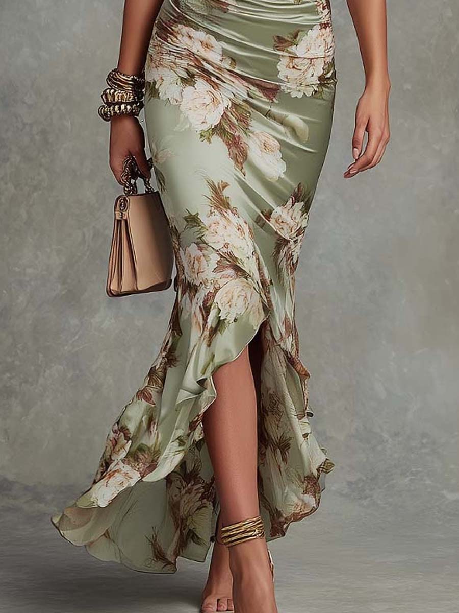 ANA · Vestido largo asimétrico de raso con escote de pico