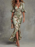 ANA · Vestido largo asimétrico de raso con escote de pico