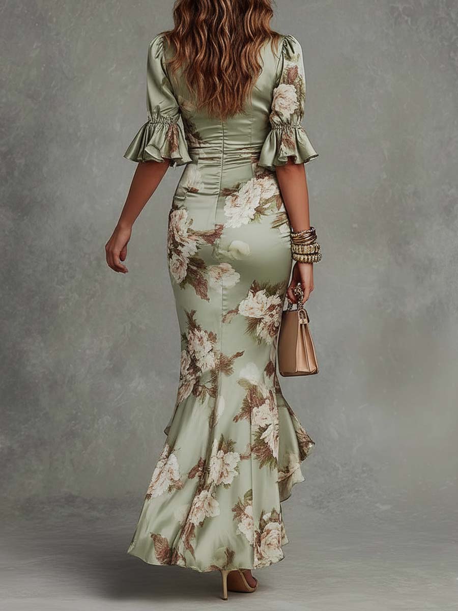 ANA · Vestido largo asimétrico de raso con escote de pico