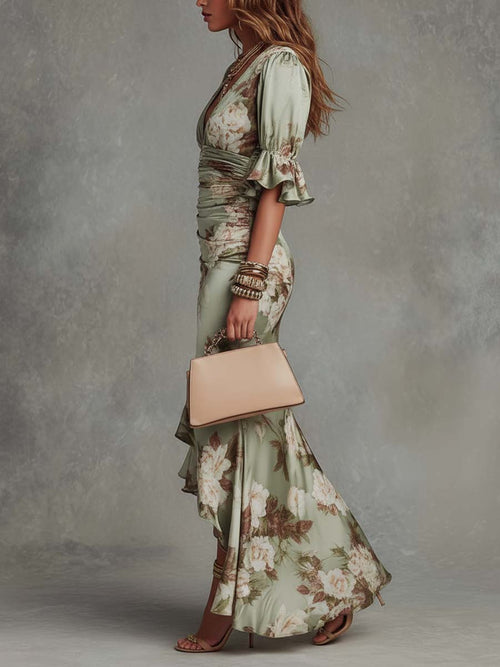ANA · Vestido largo asimétrico de raso con escote de pico