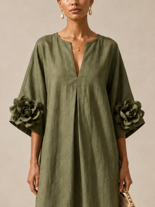 ELENA | ROBE MI-LONGUE VERT OLIVE À DÉCOLLETÉ EN V ET DÉTAILS FLEURIS