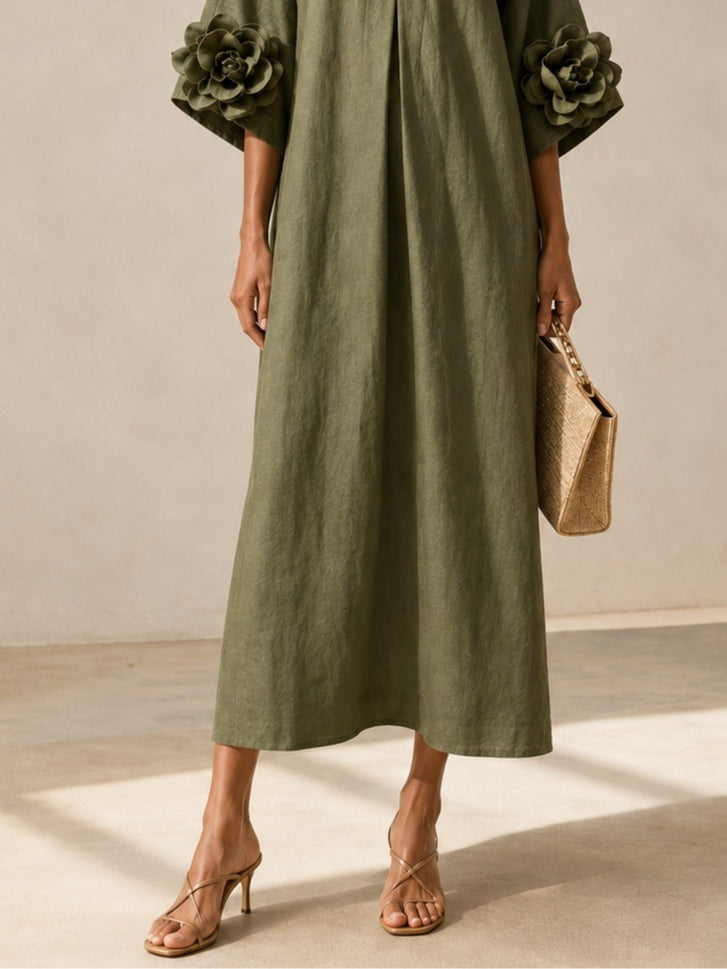 ELENA | ROBE MI-LONGUE VERT OLIVE À DÉCOLLETÉ EN V ET DÉTAILS FLEURIS