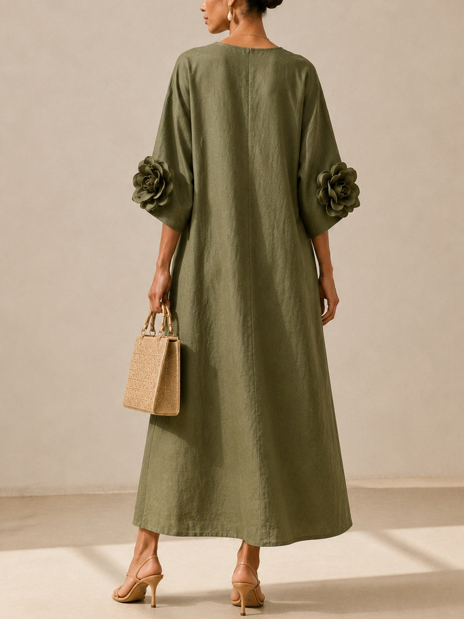 ELENA | ROBE MI-LONGUE VERT OLIVE À DÉCOLLETÉ EN V ET DÉTAILS FLEURIS