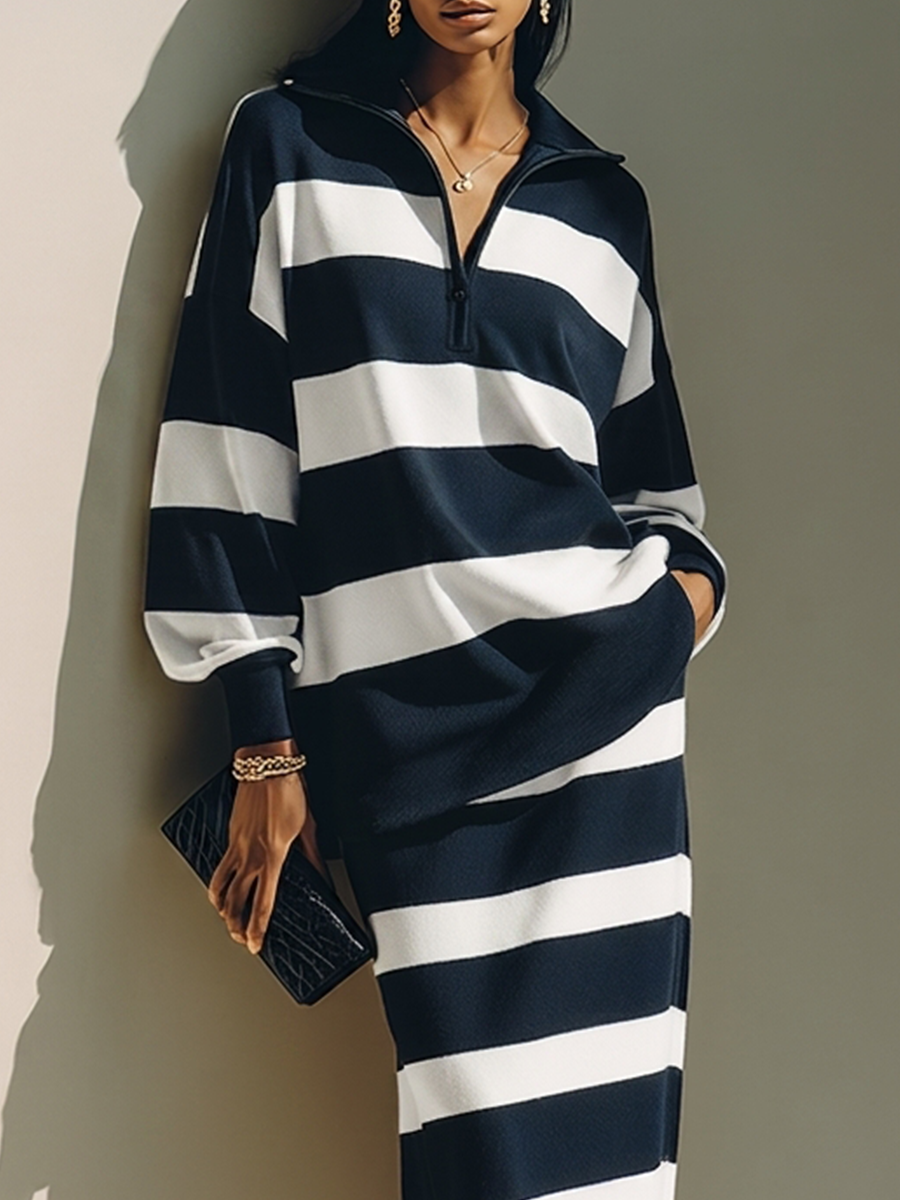 Valentina™ | Ensemble deux pièces bleu nuit à rayures color-block avec haut de polo à demi-zip et jupe midi