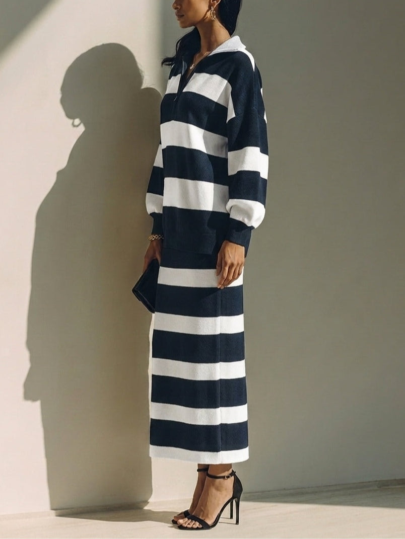Valentina™ | Ensemble deux pièces bleu nuit à rayures color-block avec haut de polo à demi-zip et jupe midi