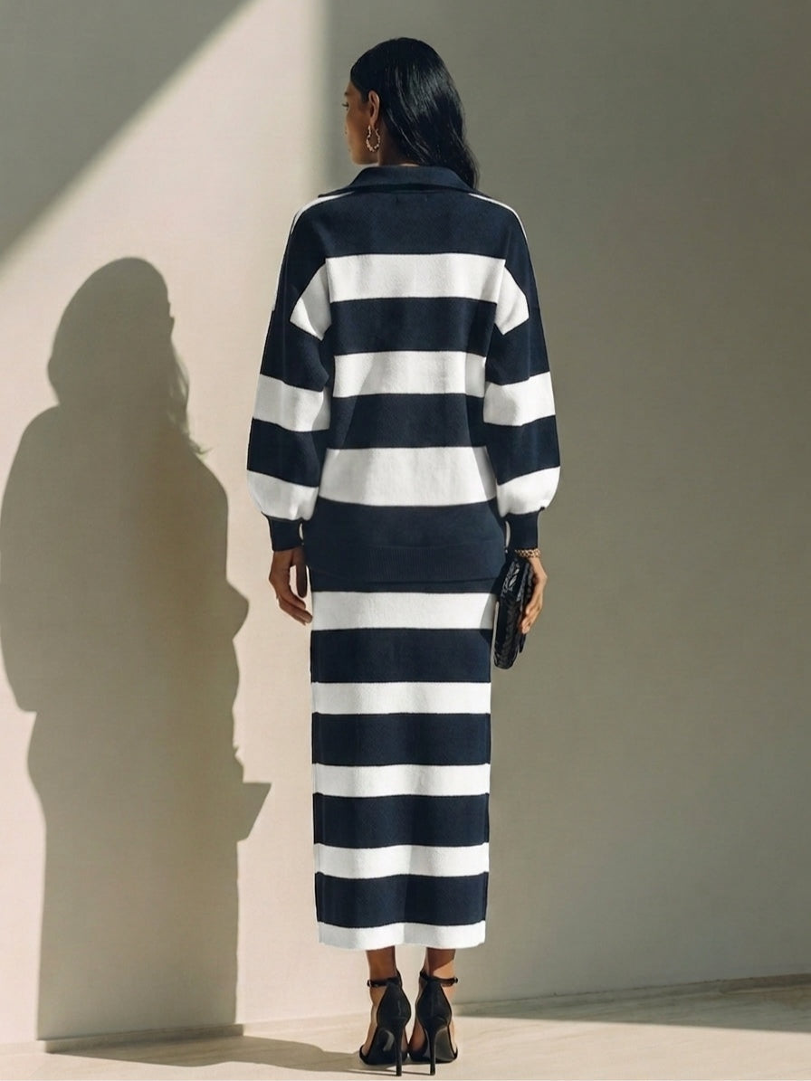 Valentina™ | Ensemble deux pièces bleu nuit à rayures color-block avec haut de polo à demi-zip et jupe midi