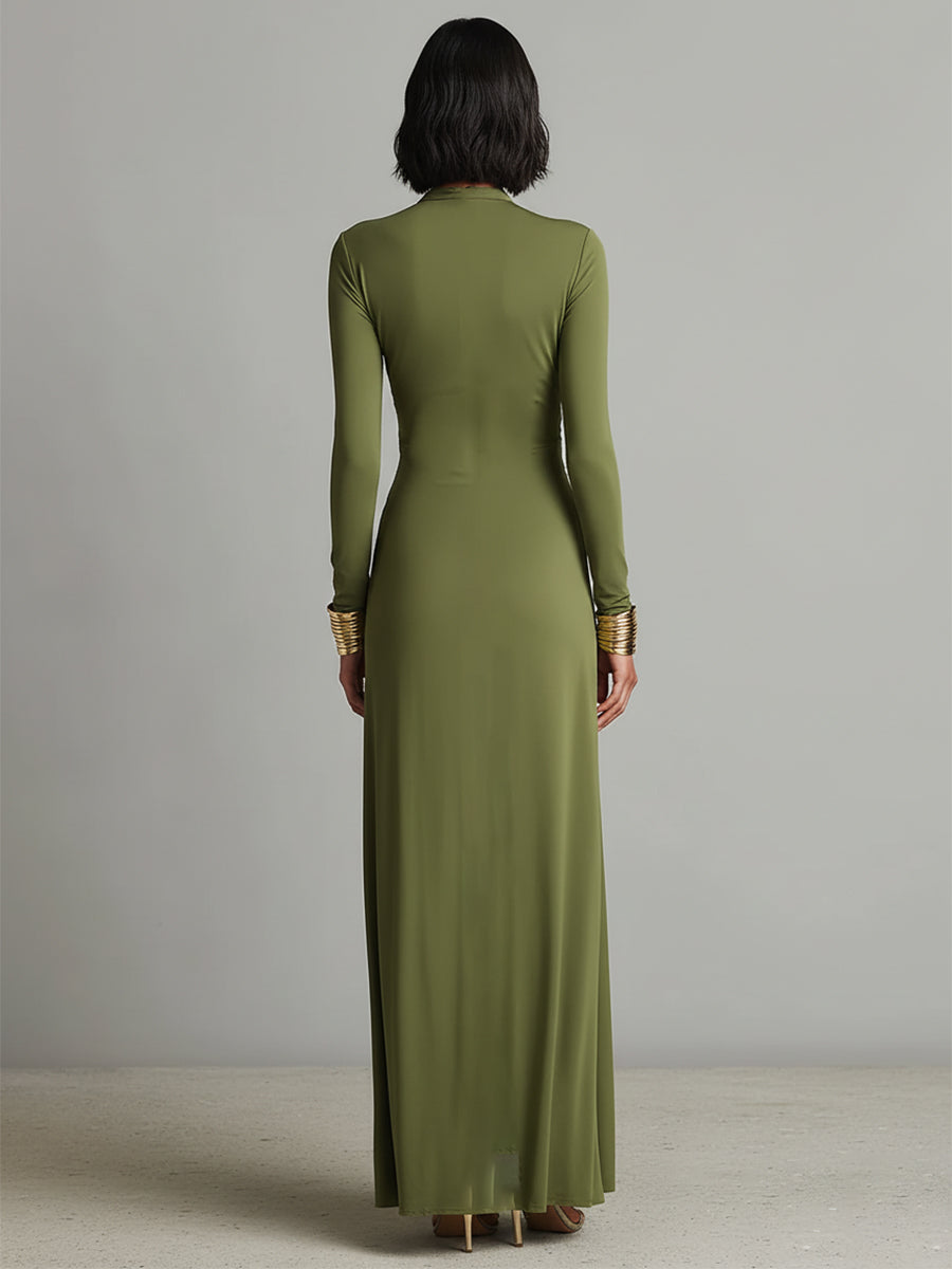 Sofia | Vestido largo de seda verde oliva con escote en V y detalles fruncidos