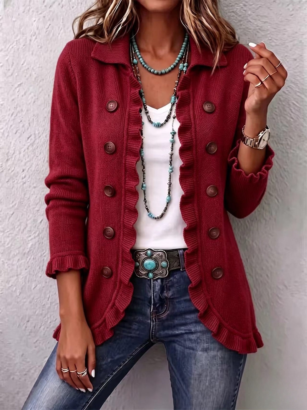 Marthe | Cardigan côtelé rouge rubis à volants