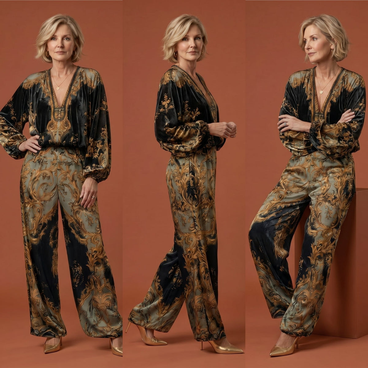 Lorena · ENSEMBLE BAROQUE TOP MANCHES LONGUES PANTALON LARGE