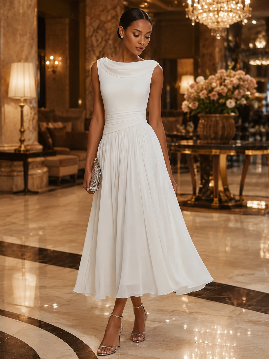 CINTIA · Robe midi plissée sans manches avec décolleté drapé