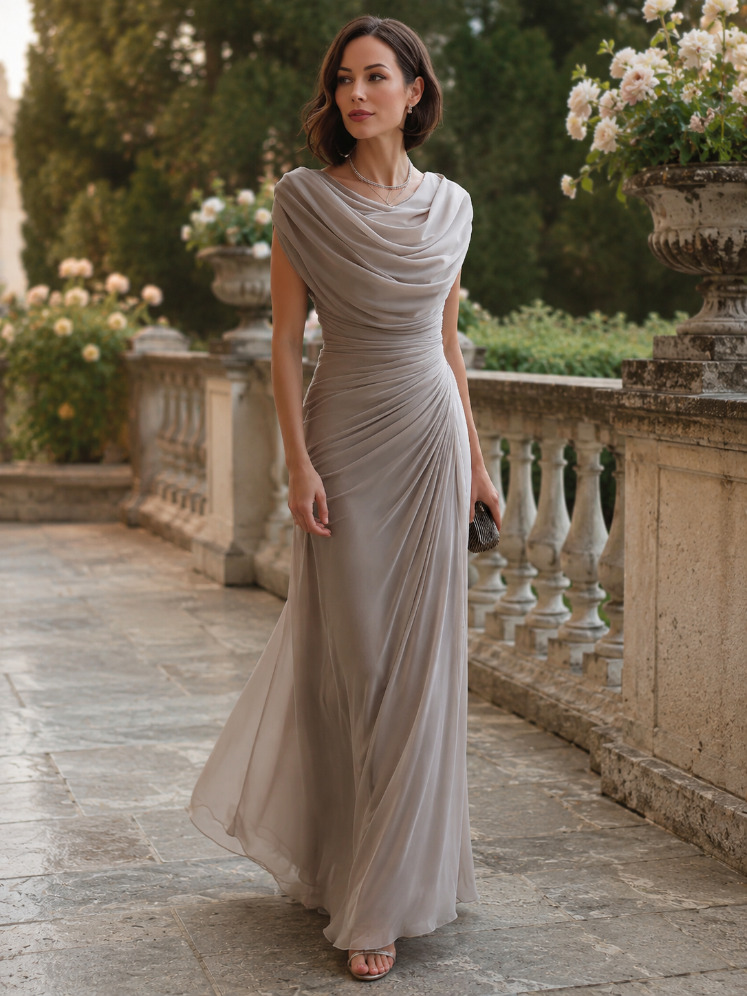VICTORIA - Robe longue froncée à décolleté drapé