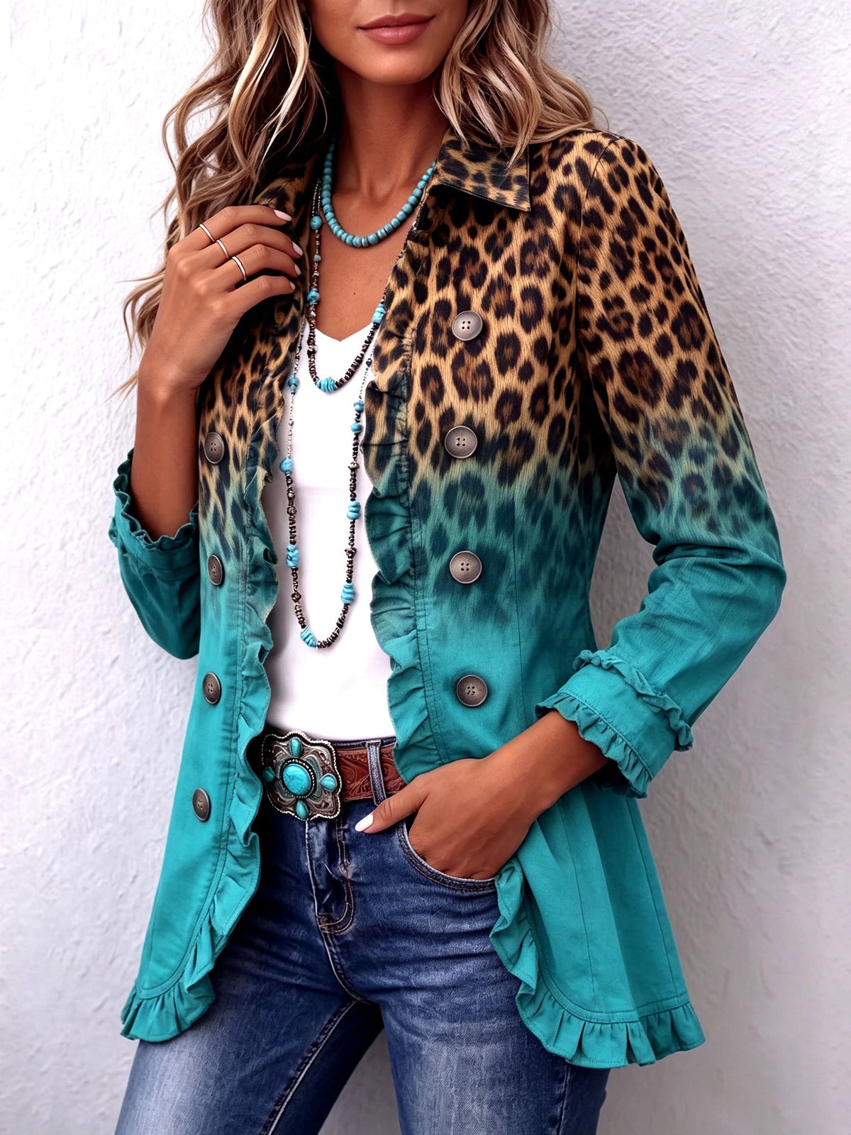 Béatrice | Blazer léopard dégradé turquoise à volants