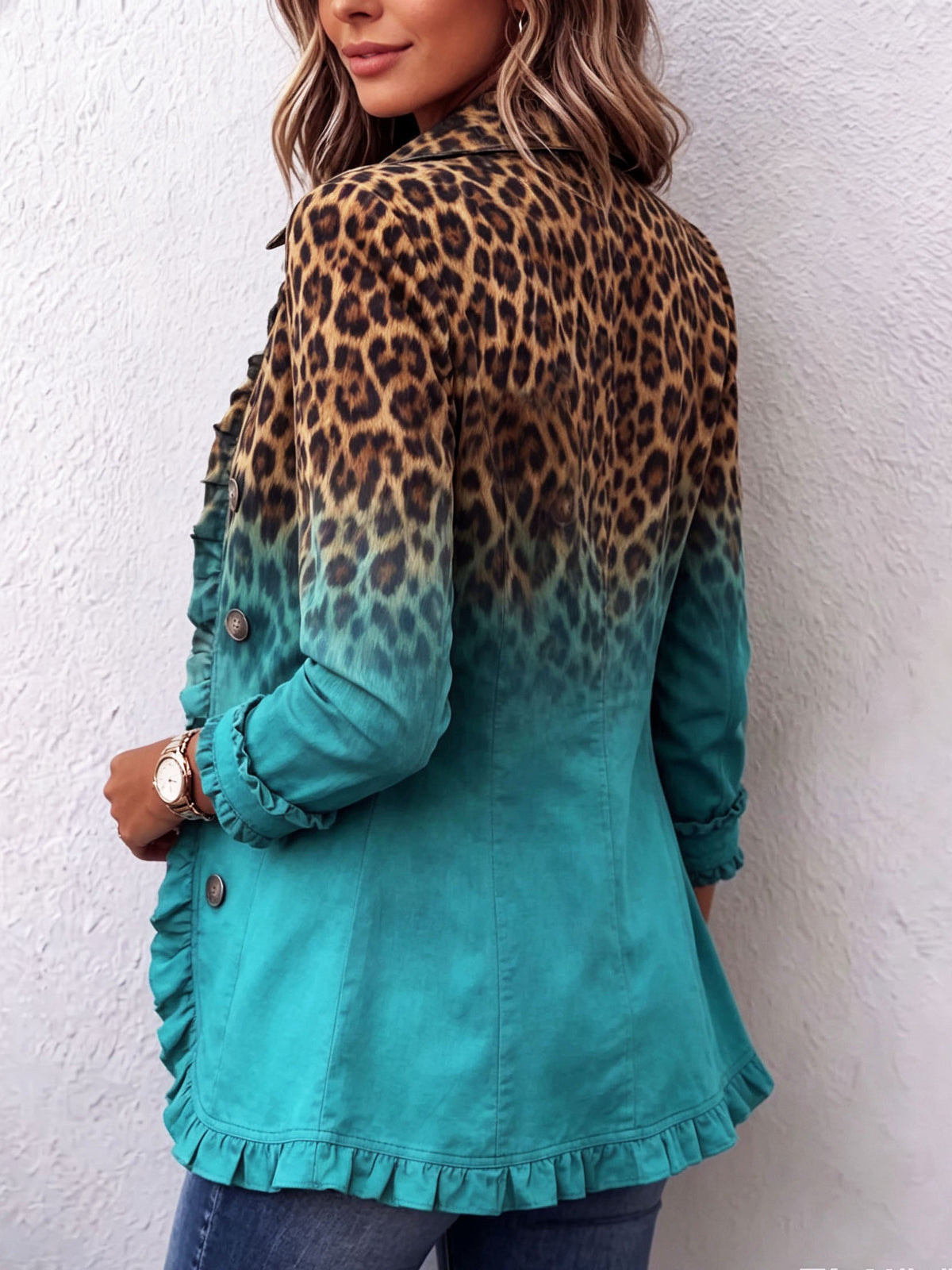 Béatrice | Blazer léopard dégradé turquoise à volants