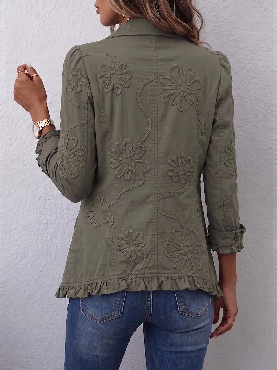 Alexandrine | Veste Bohème-Chic Brodé de Fleurs Vert Rétro et Finitions Froncées