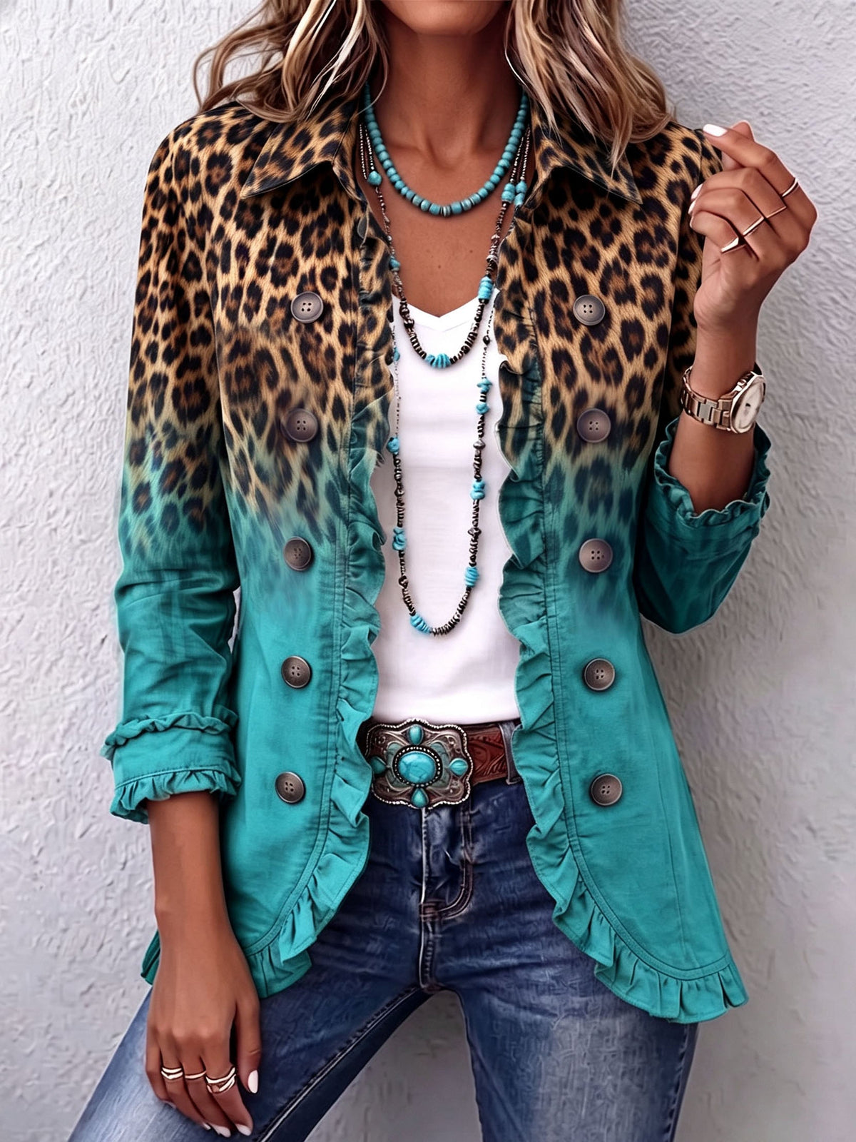 Béatrice | Blazer léopard dégradé turquoise à volants