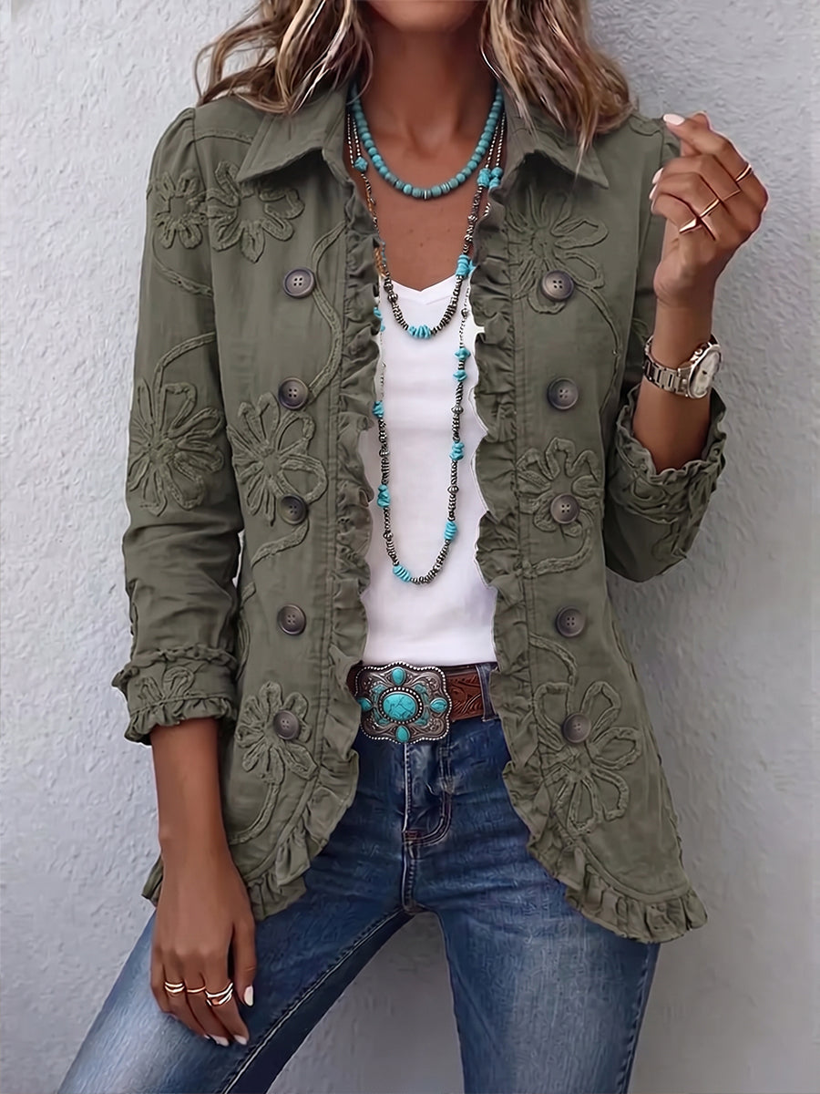 Alexandrine | Veste Bohème-Chic Brodé de Fleurs Vert Rétro et Finitions Froncées