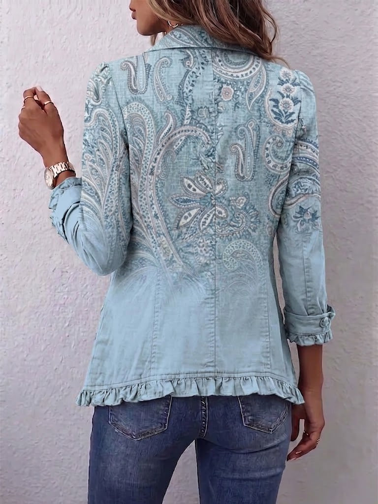 Émilie | Veste vintage cachemire bleu ciel à volants