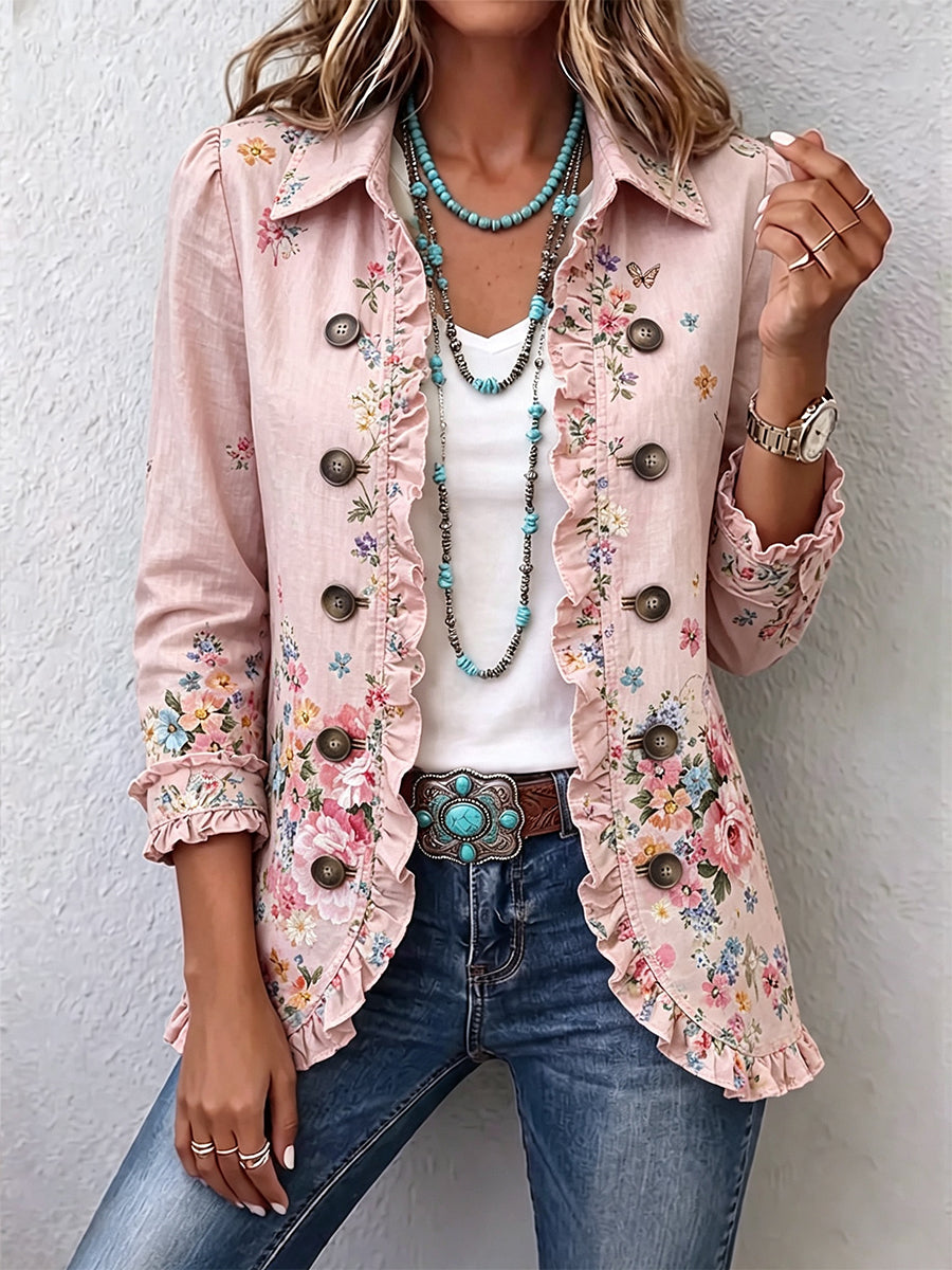 Martine | Veste fleurie rose à volants et boutons