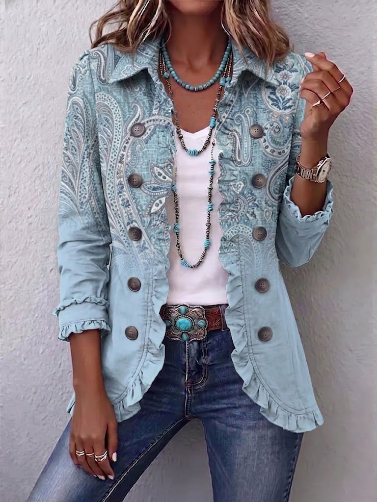 Émilie | Veste vintage cachemire bleu ciel à volants