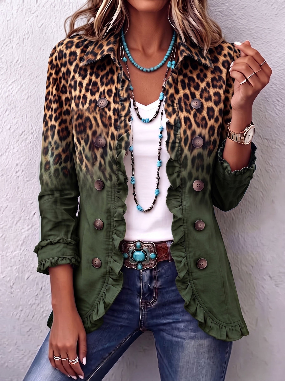 Béatrice | Blazer léopard dégradé turquoise à volants