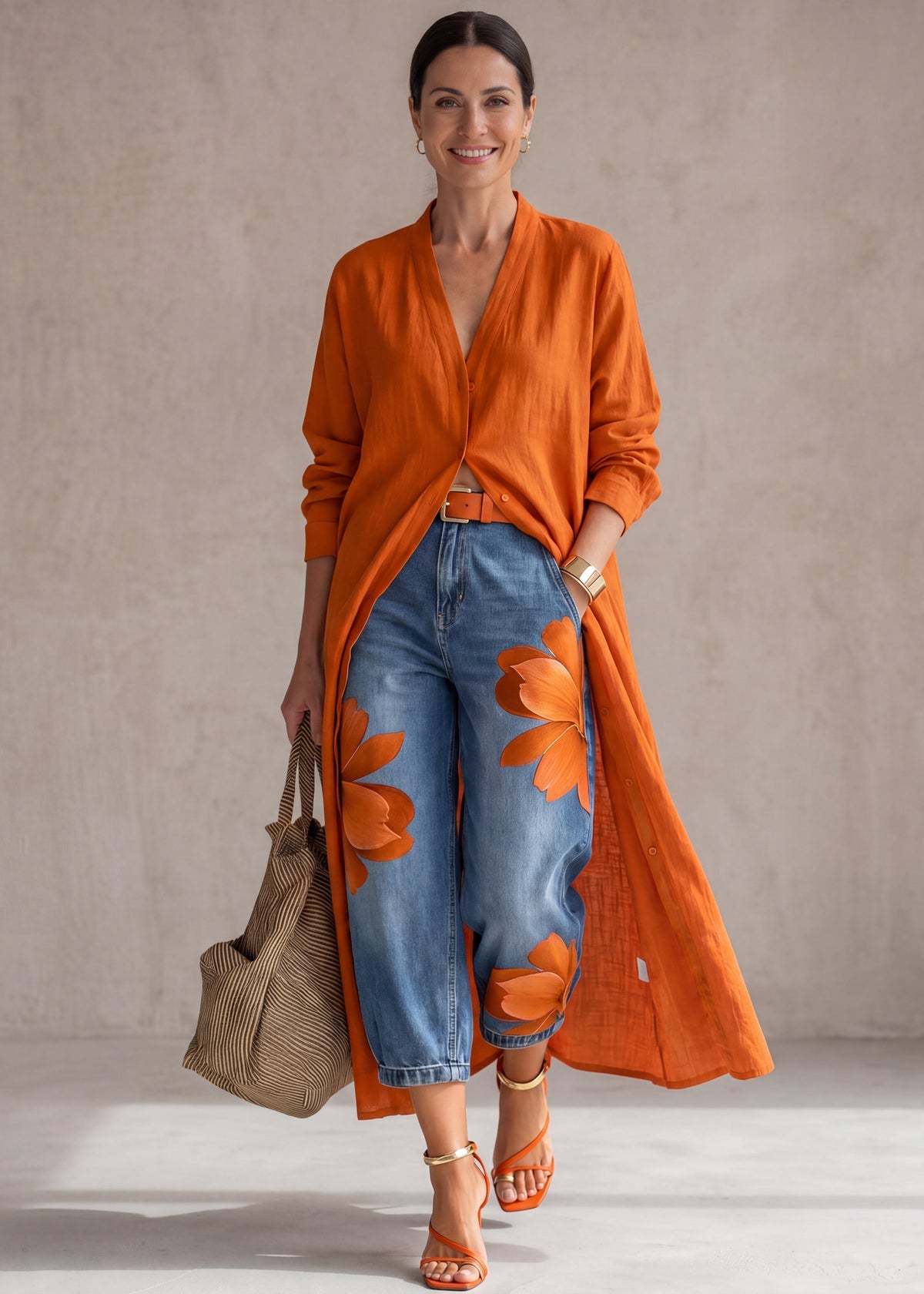 Rosa · Ensemble Robe Chemise Rouge et Jeans Larges Fleuris