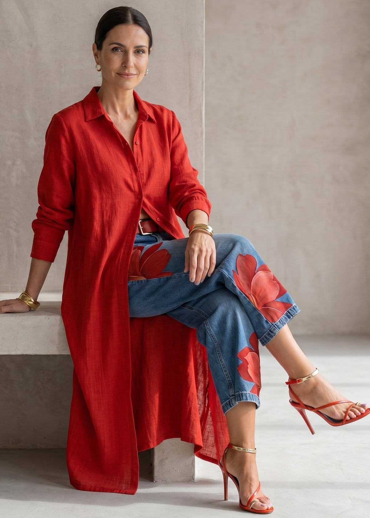 Rosa · Ensemble Robe Chemise Rouge et Jeans Larges Fleuris